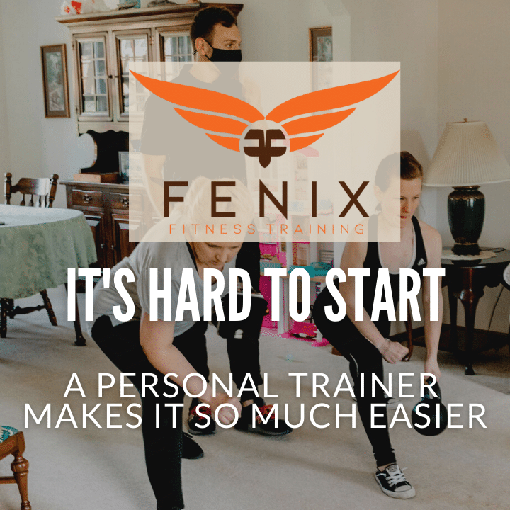 photo of jacob at fenix fitness working with clients in home with text it's hard to start